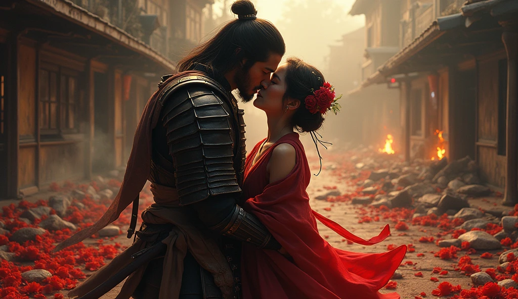 1890; (masterpiece, best quality) destroyed city roses on the floor(Villa in Tokyo); flowers on the ground; 1Japanese Samurai soldier kissing his Japanese wife(close-up); fire around.