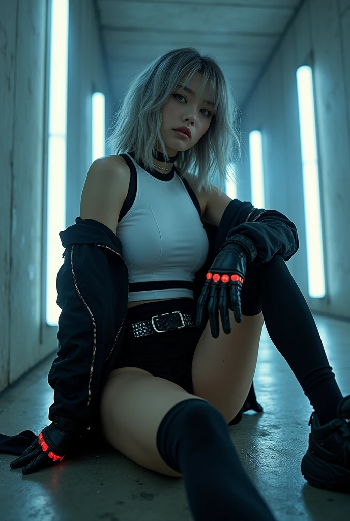 (nsfw:1.4), masterpiece, Best Quality, Realistic, A mysterious and sophisticated beautiful model, identity hidden, all body shot, with blue eyes wears futuristic and sexy fashion art. 18-years-old, beautiful and sexy Japanese girl is climbing at a wide angle, sitting and random posing, with her full body in frame. She has an ultra-slim waist, large firm breasts, a large-sized buttocks, showcasing sculptural beauty. gray arranged hair, light color eyes, Realistic skin, Detailed face, , small head. /// dressed in a striking white and black military print bodysuit paired with a sleek black leather belt with a futuristic metallic buckle and low-rise black sweat Knee-high skirt with zipper accents. She wears a sheer black mesh bomber jacket adorned with white and black military patches, chunky black high-cut Sneakers with silver hardware. Her look is fierce and bold, complemented by black fingerless gloves with white LED lights and high-tech accessories. adding an edgy attitude. Her outfit is completed, merging functionality with style. exuding a hint of rebellion, embodying the essence of future street-chic fashion. The wear hugs her body tightly, accentuating her curves and digging sensuously into her skin, /// small head and face, Detailed wide Duck mouth, half open mouth, perfectly aligned teeth, perfect beautiful wide teeth, light blue eyes, half open eyes, shiny Droopy eyes, looking other, /// She is situated within the interior of a futuristic colony, in the deep night, with mist drifting and steam rising from concrete