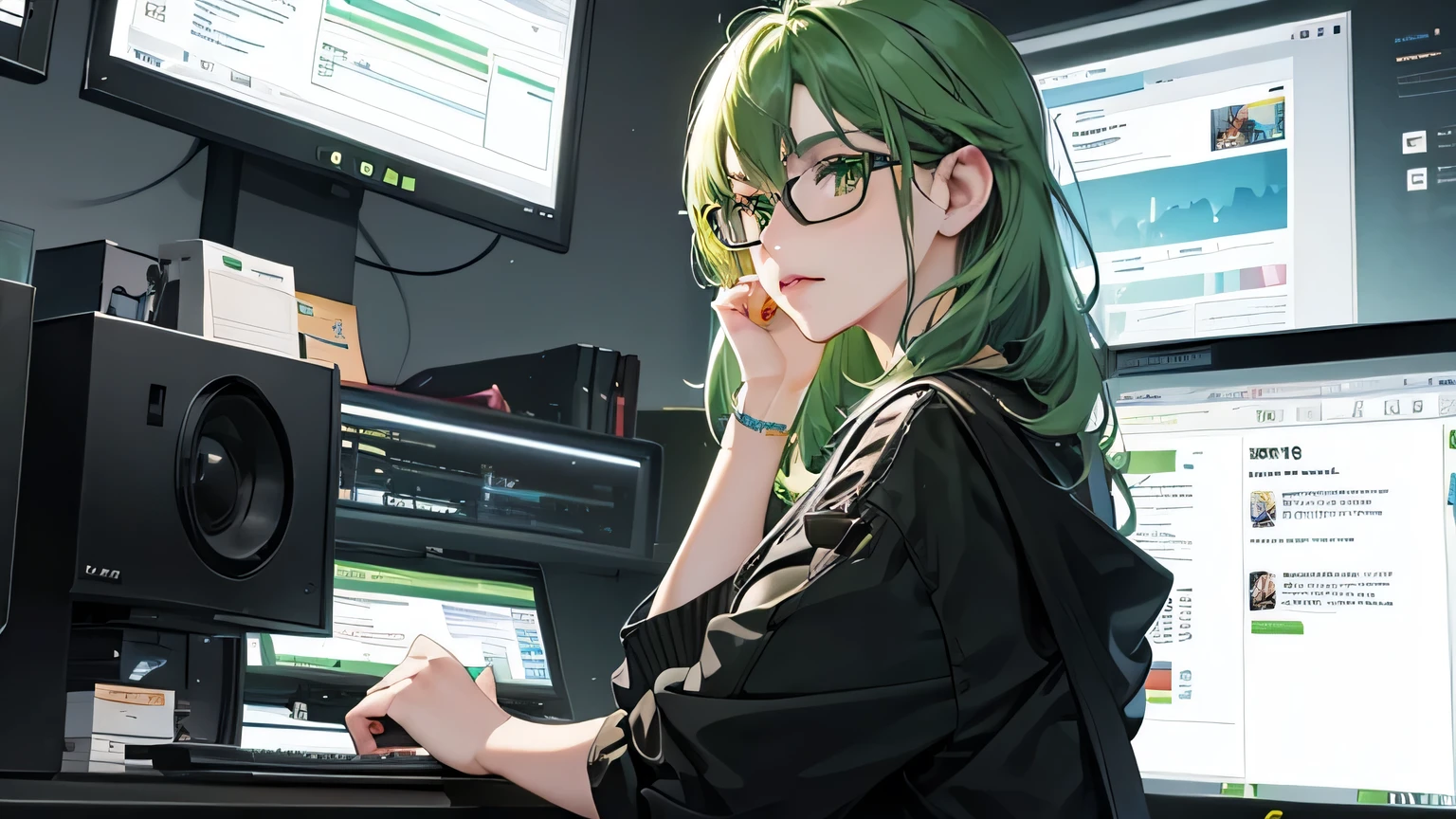 A beautiful woman with green hair and glasses watches the behavior of the app on a monitor