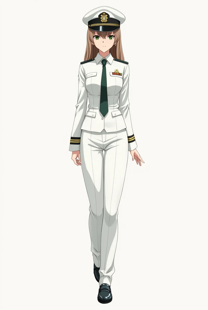 2D, anime, perfect quality, good anatomy, woman, medium height, slim, fair skin, long light-brown hair, without cosmetics, deep dark green eyes, serious gaze, white captain hat, white uniform, long-sleeved white shirt, white pants, deep dark green shoes, deep dark green tie