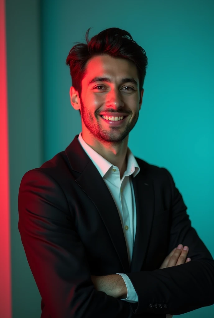 +
A young man with dark hair and a confident smile. He is dressed in a black blazer over a white shirt. The man is positioned against aqua colour backdrop with a subtle red lighting on the left side. and he posing for Linkedin profile