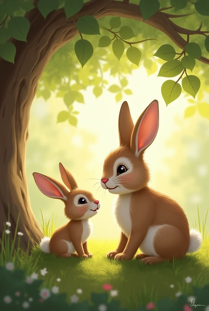 Mini, the tiny rabbit, with wide, curious eyes, asks her mother, "Why do we hop?" The mother rabbit smiles gently, sitting on a patch of soft grass under a big tree, with dappled sunlight filtering through the leaves.