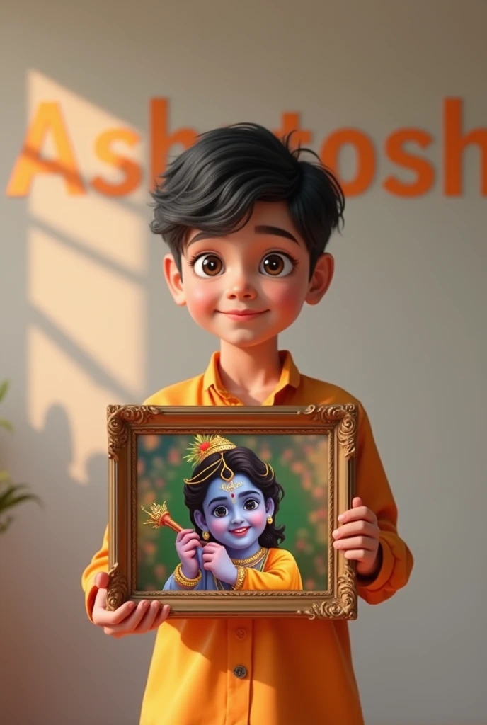 (photorealism:1.2), A boy is holding a photo frame of lord krishna ji, the boy is wearing a saffron shirt with "Ashutosh" name written on its background.3d illustration .with written name "Ashutosh " in bold and big letter and wishes a happy janamastami.
The boy age is minimum 1 .lord krishna with goddess Radha and flute only
 