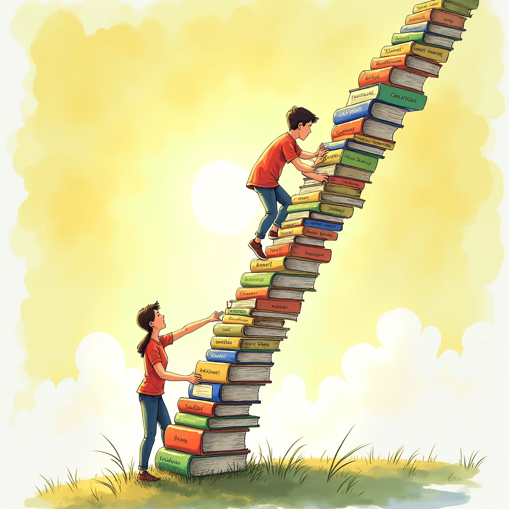 Hand-drawn illustration of a  climbing a ladder made of books, with each book labeled as a 'Challenge' or 'Opportunity.' The parent is at the bottom, offering support. The scene is set against a bright, sunny sky, symbolizing progress and growth