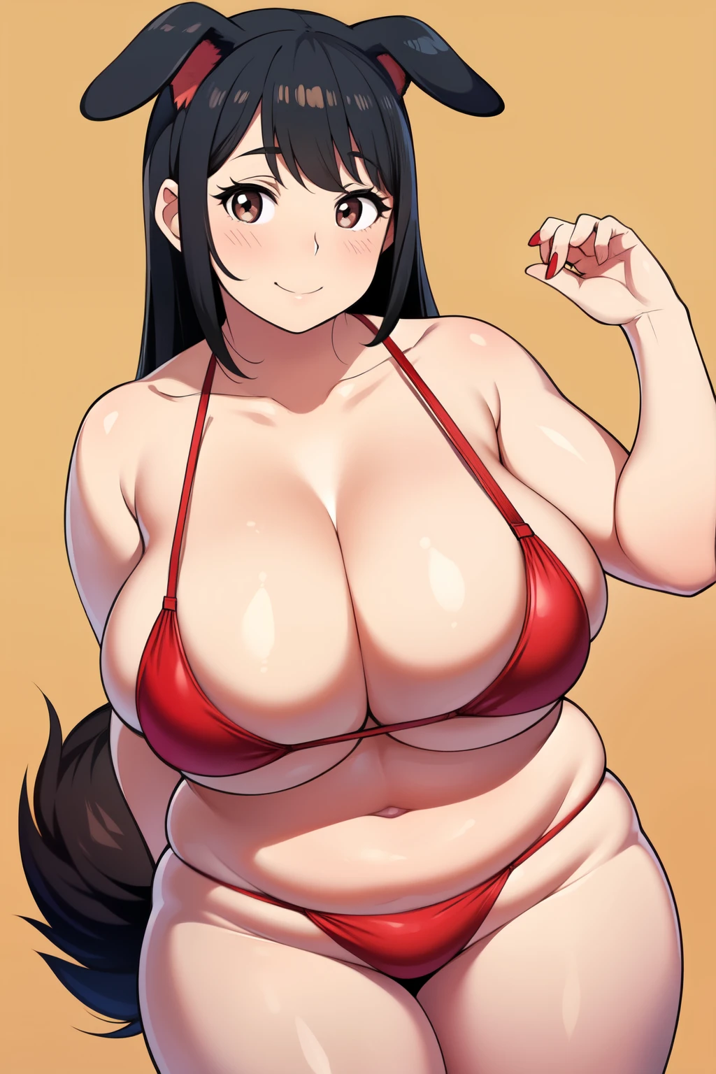 Plump big breasts black hair brown eyes happy longer hair smile blushing deredere red bikini girl dog ear dog tail dog