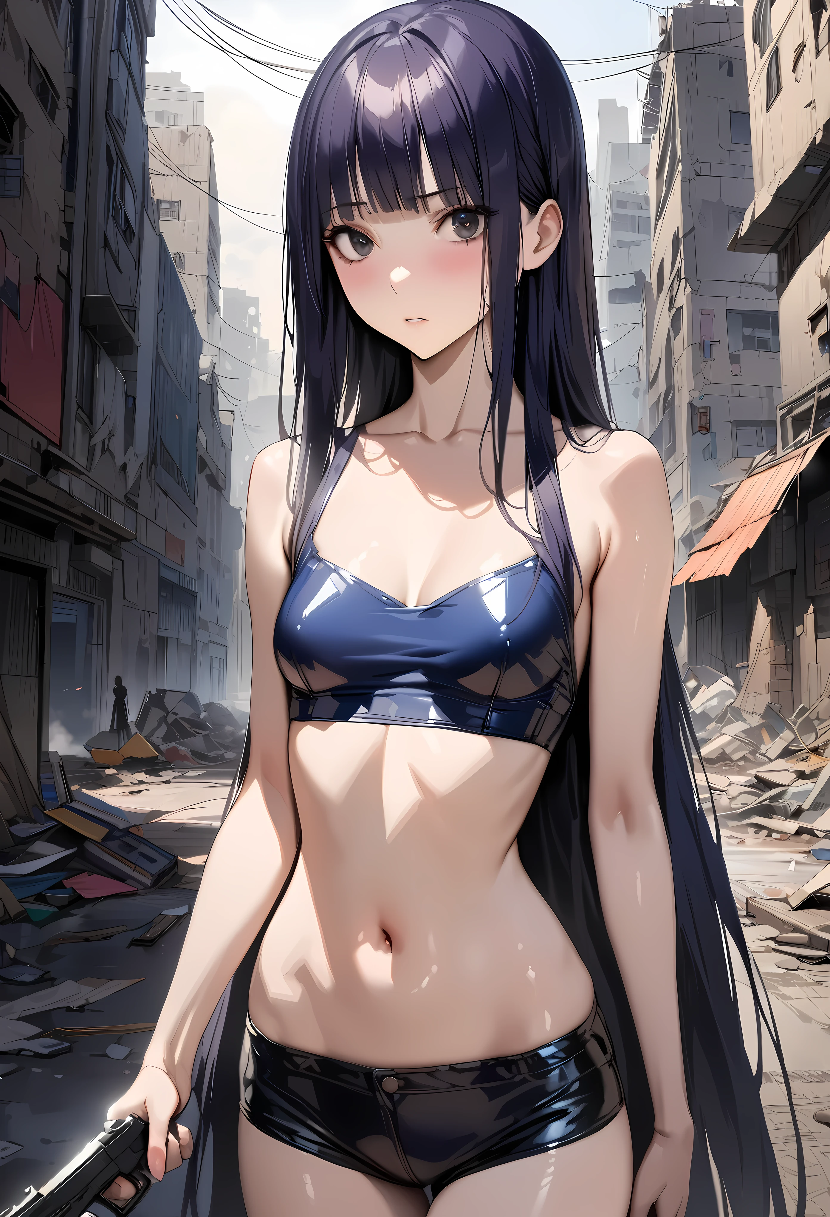 ((masterpiece, highest quality:1.3)),cowboy shot,20 year old beauty、solo,((very small head)),dark blue hair,long hair,black eyes,blunt bangs,medium breasts,((long body,slender body)),skinny,shiny skin,oily skin,sweat,shy,Black tight tank top、navel、Light blue panties、Wet crotch、gunbelt,equipped with automatic rifle、sitting,spread legs,camp、Collapsed building、Ruined Tokyo、End of the World、at night、moonlight。