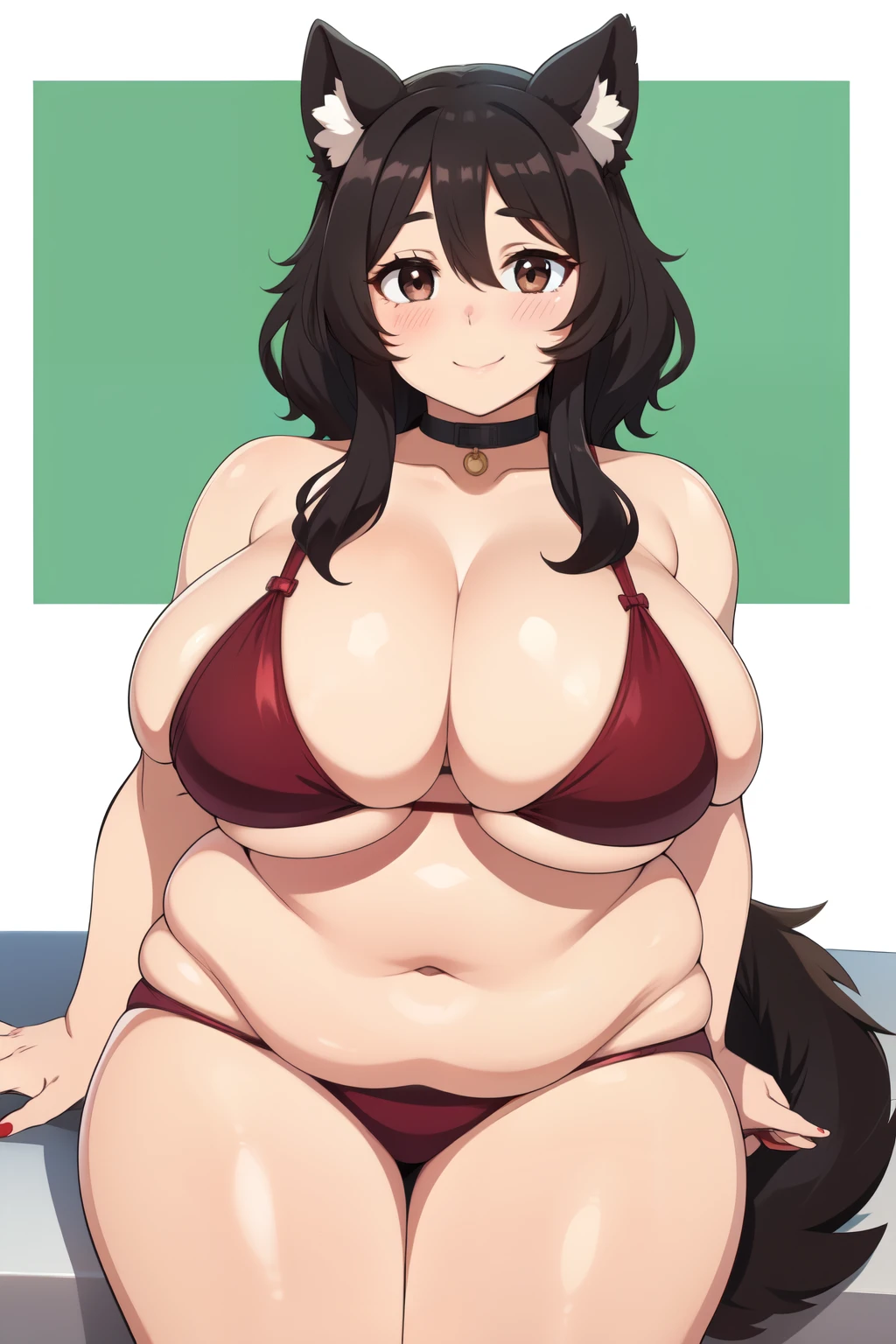 Plump year 21 big breasts black hair brown eyes happy longer hair smile blushing deredere red bikini ear dog tail dog cake