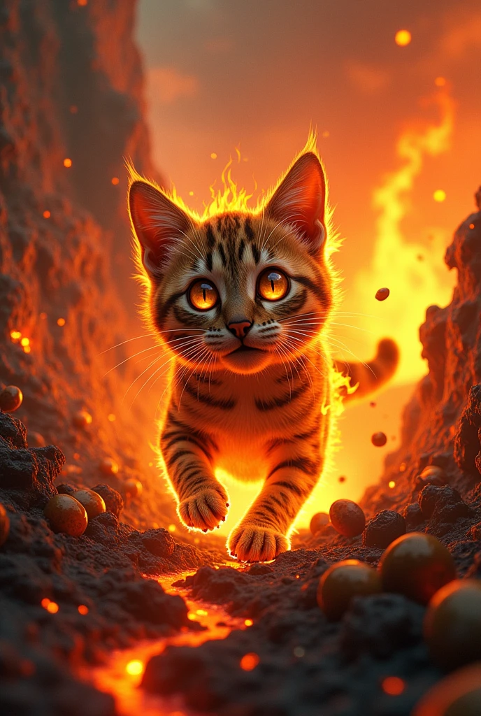 um gato manchado pegando fire , nuts , glad , flames , fire , lava , vulcao