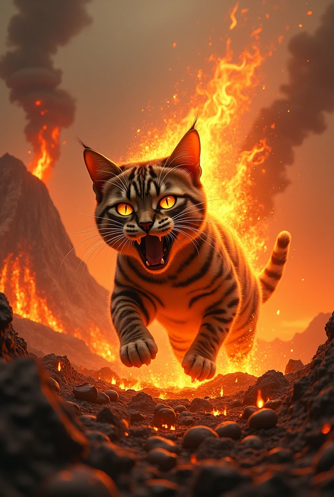 um gato manchado pegando fire , nuts , glad , flames , fire , lava , vulcao