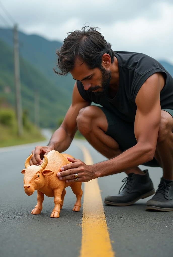 A man making a buffalo out of egg on the road