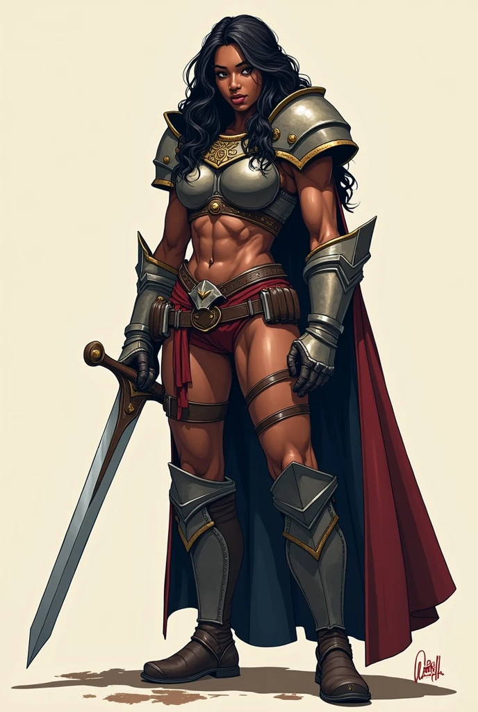 Create a female warrior in the style of Vox Machina from Critical Role. She should be a strong Black woman with a muscular build and long, wavy hair. She wears a medieval-style heavy armor and a helmet that covers her head. She wields a standard sword of medium size. Use bold outlines, flat colors, and simplified shading typical of Western animation. The warrior should be posed heroically, with a focus on clean lines and vibrant colors, capturing the dynamic and stylized look of Vox Machina without being overly extravagant