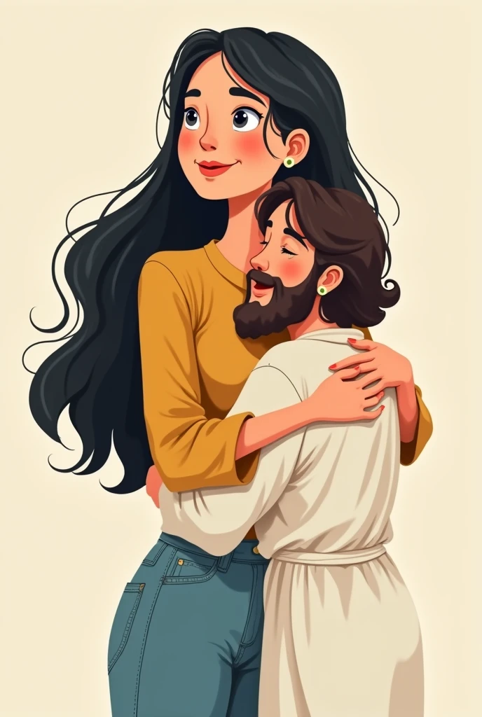 Create a cartoon of a woman with long black hair, Round face, round nose with a mustard-colored blouse and jeans standing hugging Jesus Christ, the clothes of Jesus Christ are white