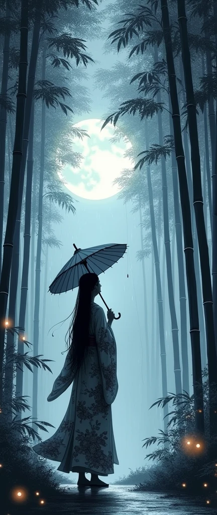 dynamic ink painting of a bamboo grove of japan, black and white,monochrome, great art, great sense of depth, ground level shot, the most beautiful bamboo grove in the world, bamboo leaves shining through rainwater, moon\(pale blue\) with a light overcast, beautiful woman\(ancient Japanese noble, beautiful kimono, beautiful long black hair\) looking up at the moon holding an umbrella,raining softly, fireflies flying around, bamboo leaves are placed three-dimensionally in the foreground, long distance shot, realistc, ultra realistc detals