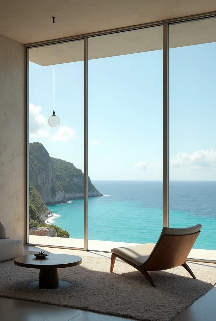 living room in minimalist house on a cliff by the sea, overlooking the caribbean ocean, 