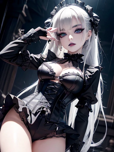  A gothic punk goth girl, perfect face, beautiful Asian woman with long White hair in White curls and coils, very cute and           beautiful girl, (highly detailed beautiful face), high detailed fingers, (Deep Purple corset with detailed frills), detailed face,
]cowboy shot, looking at viewer, Standing, white panties. intricate details, cinematic scene, detailed background, solo, dynamic angle,  ((beautiful big blue eyes looking down at the viewer, black shiny lipstick, perfect Asian goth cyber makeup)) double d breast, detailed cute face, white hair, gothic punk fashion, highly detailed gothic fashion, short skirt, heavy make up,),(dark black lipstick), size, Backlight effect, lens flare, depth of fields, blurry background, Detailedface,1 girl, Detailed eyes, ,(thigh up shot image :1.5), Black gloves. Walking in the rain. Moonlight shines on her face. Sombre setting Purple Corset