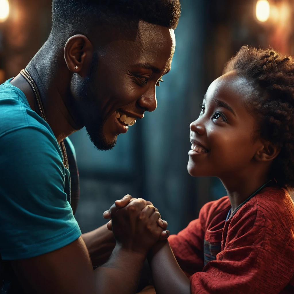 young boy Kwame tugging at a woman's sleeve, leaning in close to share his idea, his eyes shining with excitement,ultra realistic, photo realistic, 8k resolution, dark fantasy, vibrant, cinematic, lighting style, hyperrealism.

