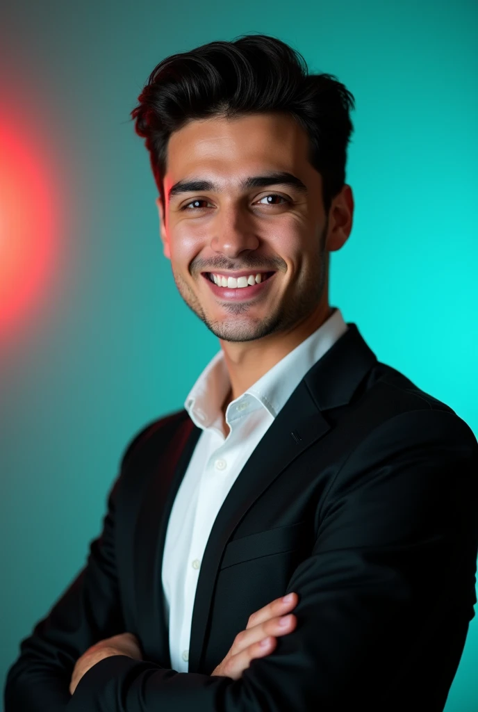 +
A young man with dark hair and a confident smile. He is dressed in a black blazer over a white shirt. The man is positioned against aqua colour backdrop with a subtle red lighting on the left side. and he posing for Linkedin profile