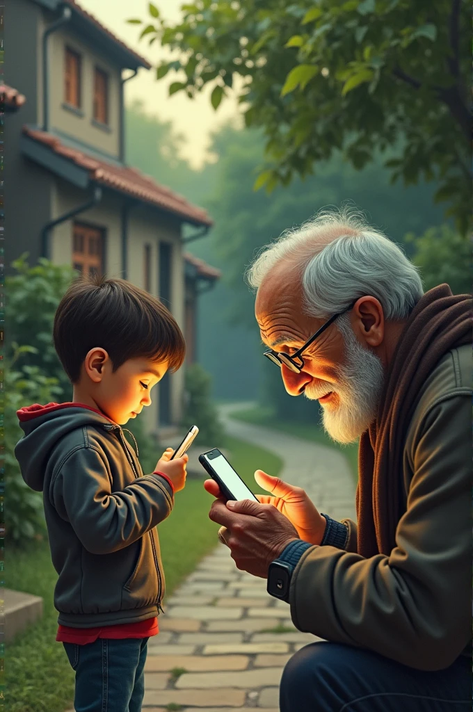 An old man watching from afar his grandson who is addicted to his cell phone , Grandpa is sad about that , The drawing has to be easy to draw 