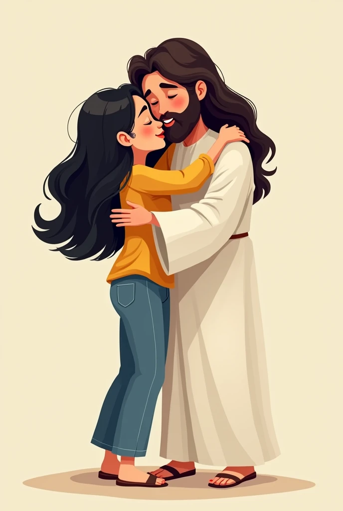Create a cartoon of a woman with long black hair, Round face, round nose with a mustard-colored blouse and jeans standing hugging Jesus Christ, the clothes of Jesus Christ are white