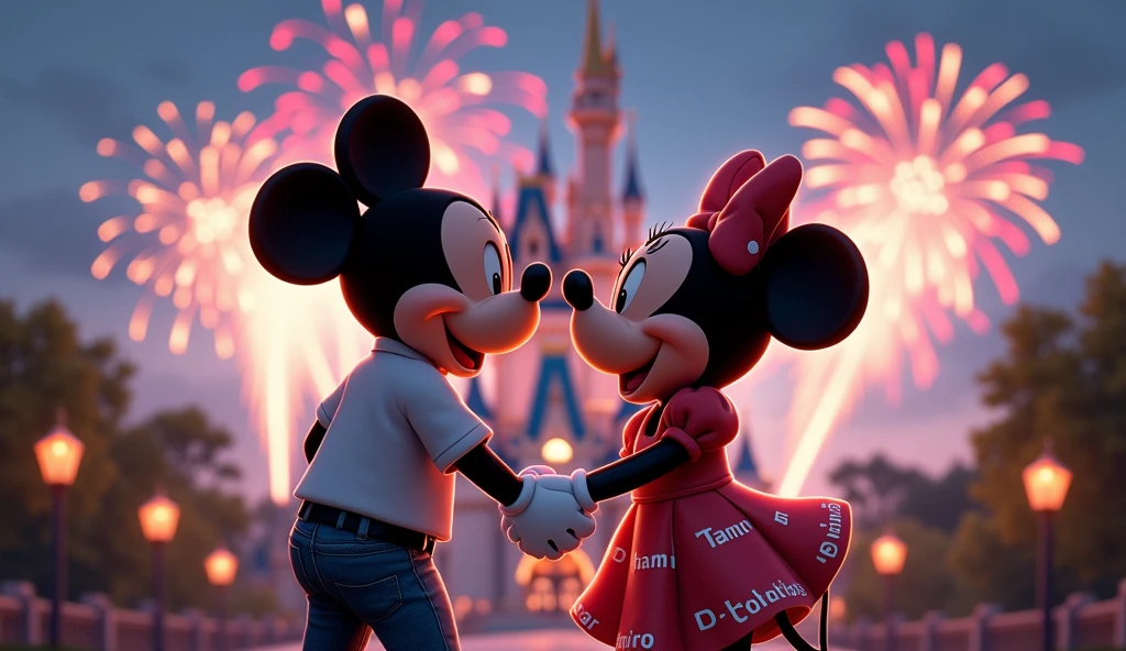 Mickey mouse and minnie in love and dressed in stylish street clothes with Tamara Destinos letters written on their clothes. In the background the Disney castle surrounded by fireworks.