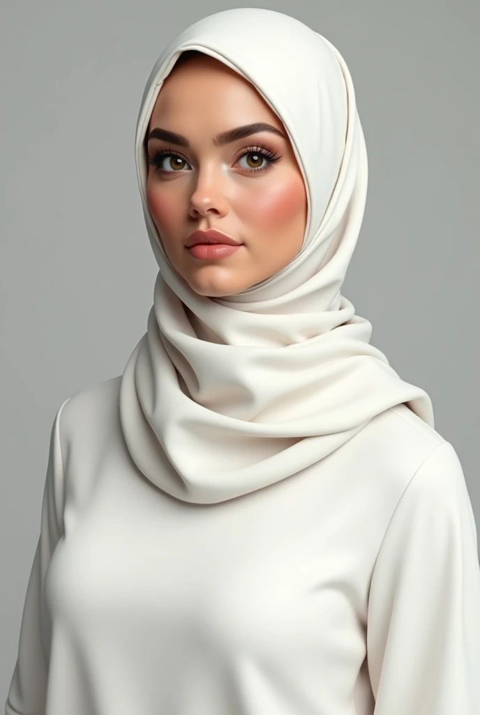 A bdautiful fat woman,,perfect eyes,with elegance white hijab,medium body,eyes wink expression,,, 3d render