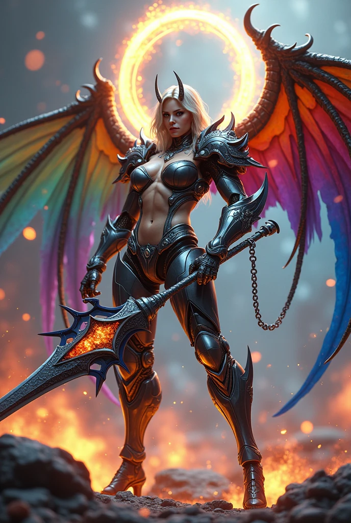 3D A berserker Mech brutal woman with a glowing large metallic ring above her head, with orange-tral yellow energy, large rainbow blade-wings on her back, and majestic colorful blade-wings on her back. She is holding an ornate fantasy weapon with a long, curved claw, intricate designs, sharp jagged edges, metallic texture, glow lava accents, glowing golden highlights, an elaborate hilt with dark blue and white colors, intricate patterns and symbols, She standing on Magic multcolor