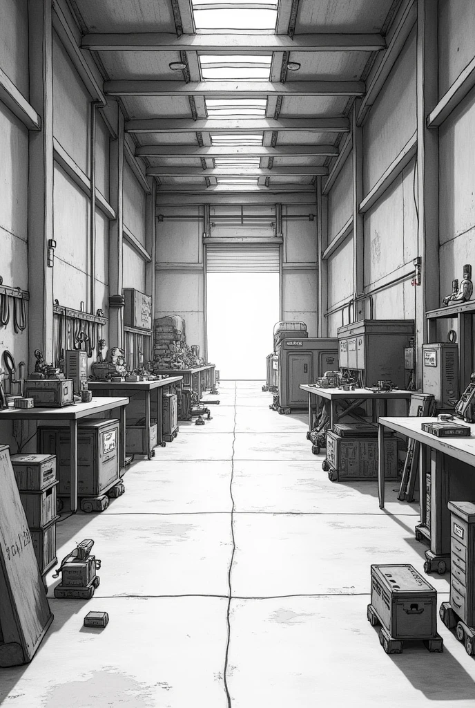 Generates a drawing of a warehouse with tools with a vanishing point