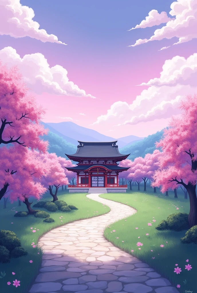background anime style  japanese shrine with pink and purple flowers