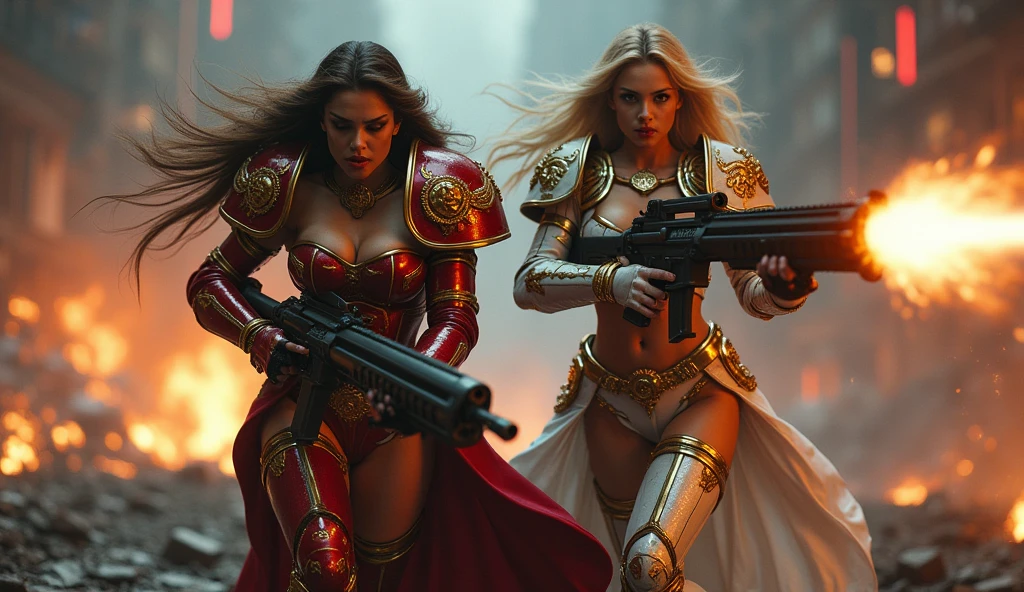 Gal Gadot and Pamela Anderson as Full body pose sexy sisters of battle from the warhammer 40k, shooting at the enemy, red and gold space marine armor with intricate details and religous symbols, white and gold space marine armor with intricate details and religous symbols, symbols on the armor, sisters of battle, warhammer 40k, Massive exposed silicone breast, pale skin, seductive, temptation, eat your soul, clevage, long white flowing hair, long black flowing hair with purple highlights, heavy gothic makeup, at night, neon, beautiful detailed eyes, beautiful detailed lips, extremely detailed eyes and face, long eyelashes, highly detailed armor, intricate futuristic weaponry, dramatic lighting, cinematic composition, muted color palette, gritty and realistic, mecha, science fiction, hyper-detailed, photorealistic, award winning digital art, 8k, HDR, masters work, in the middle of a battle field, full body combat action pose, explosions and fire around, full war, stunning, Stilleto heels, high heels, full body pose, cinematic, movie trailer, final stand!, nemesis, ready to strike, dust and debree, combat screams, attacking, shooting at the enemy, running forward, last line of defense, charging, fanatic, religious, templar knights, sisters of battle, warhammer 40k, shooting at the enemy, bimbo gigantic exposed breast, jetpacks, space marine, stilleto heels, cinematic light, cameltoe pussy, beautiful pussy, wet pussy, wet body, oiled body, gigantic breast, dynamic super sexy combat action pose, sisters of battle from the warhammer 40K
