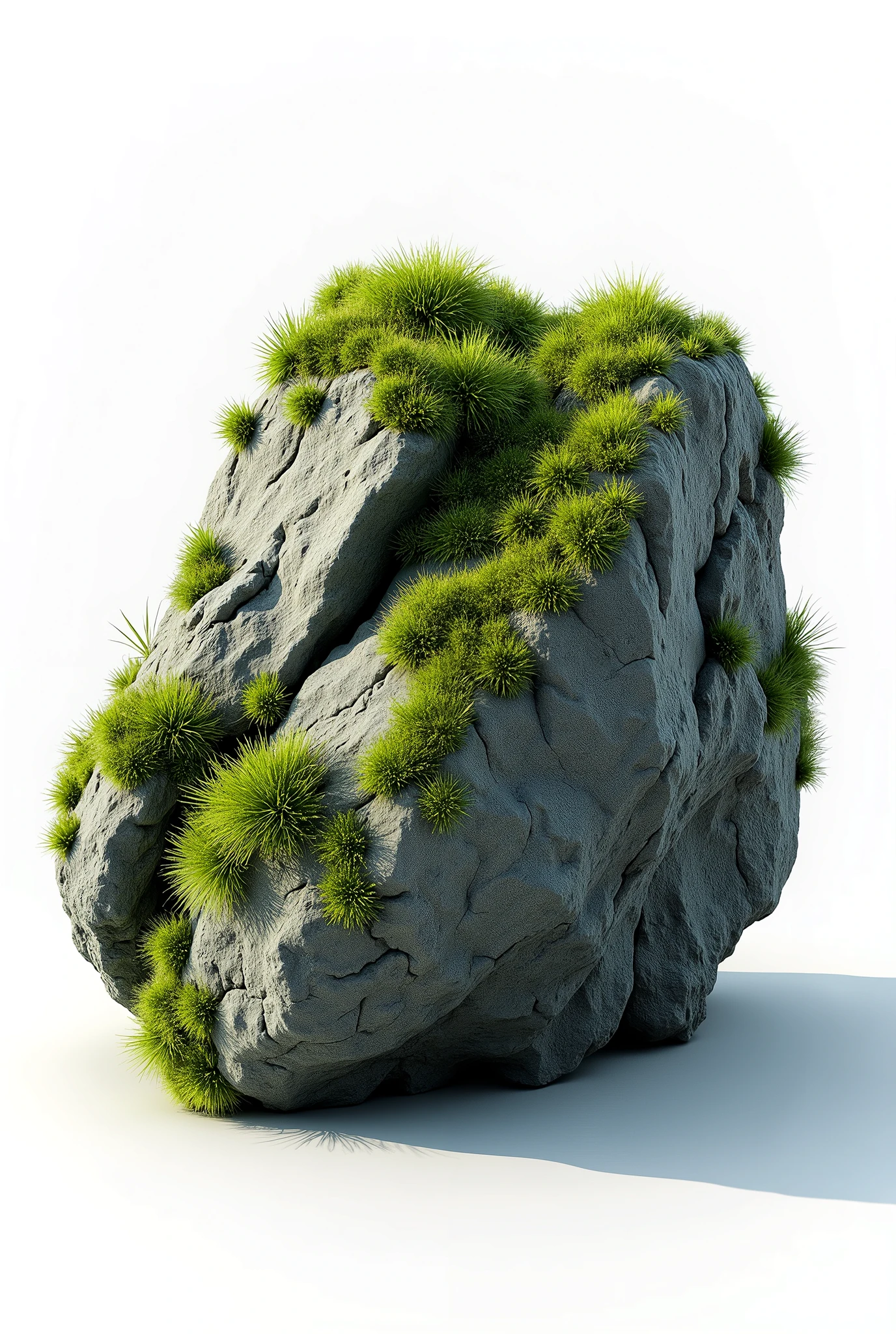 Generates mossy rock as a stone, NVIDIA GEFORCE RTX Iray Daz Studio PBR rendering, Physical global illumination Iray PBR 3D props as reference, white background, sample of props and assets for 3D