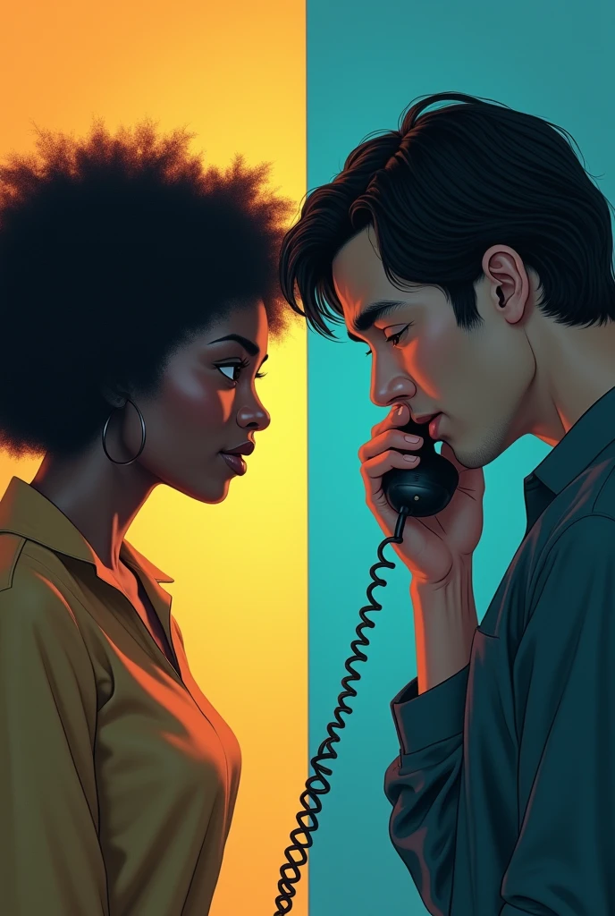 Create an image that on the right has a half-old man talking in love on a half-old telephone, with black hair and casual clothes, then separated from the left by a wall, (don't both be looking at each other), and on the left There was a young, friendly, dark-skinned woman also talking. by phone.