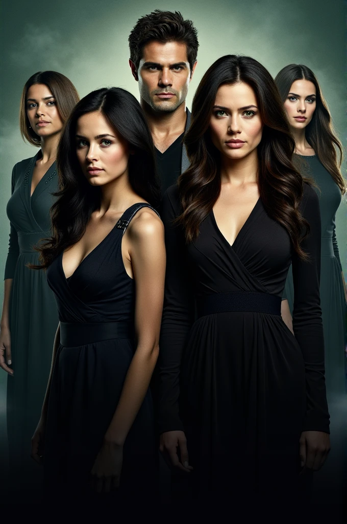 Un image pour la saison 8 de thés Vampire Diaries avec en premier plan Elena Gilbert et Rebekah Miaekelson. Derrière Rebekah un homme métisse, au cheveux comme Yamine Lamal le footballeur espagnol, he has green eyes. Derrière Rebekah il y a Damon. Behind we can see Bonnie, Caroline and Klaus. 