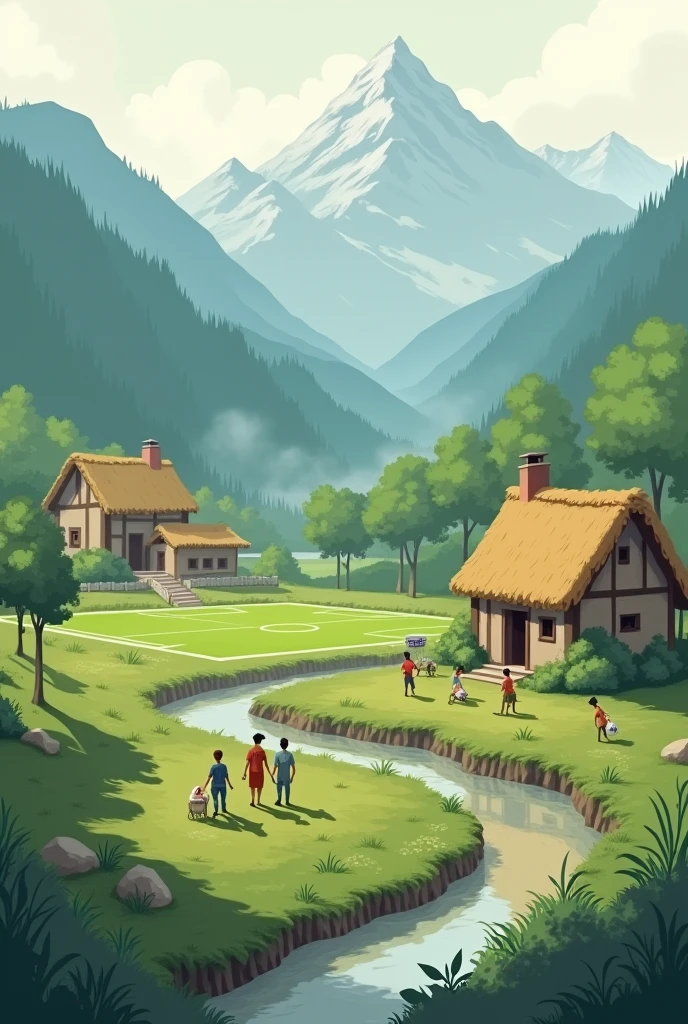 I want an image that has a small football ground, a small village, and simple people And I have been able to live a simple life and I am also fetching water from the mountain near him 
 