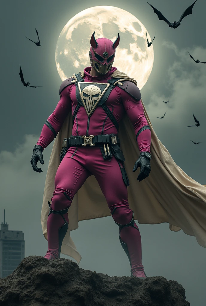 Malaysia man in high-tech suit, vivid effects, malaysian superhero(( (KELUANG MAN)) in a striking pink and brown beige costume cyberpunk design((, mask small mini bat ear beige,))(( daredevil batman mask biege))jumpsuit dark pink stands confidently in a dramatic.jumping from high place.hero costume.one hand rise up. (Big triangle logo on the chest.high detail Punisher logo on the chest)). jumping from hight place. Fighting pose , stormy landscape. ((Head covered node guard like batman.)) Running pose , athletic body type, small mini ear bat mask))The character wears domino mask a helmet with pointed mini torn ears and a flowing cape biege, open nose and mouth. Equipped with visible futuristic weapons on a belt,bullet proof jacket pink dark day.show fingers pose, dark night, big supermoon effect . Small logo on chest triangle shape small ((mitch gerads punisher ))logo center triangle cyber logo center on chest pink logo mini logo Casey Jones mask on the logo on chest. )). rocky. Building top.smoke ground , bomb effect background, losse pants, losses costume.adding to --ar 3:4 --style raw --stylize 500 --v 6.1. chaos. Lot of small flying bat. Hand glove. One leg on the high stone. Man. Backpack . Real man age 40 year old. One hand holding belt. Jump from high place. Open cape.two hand holding pistol.