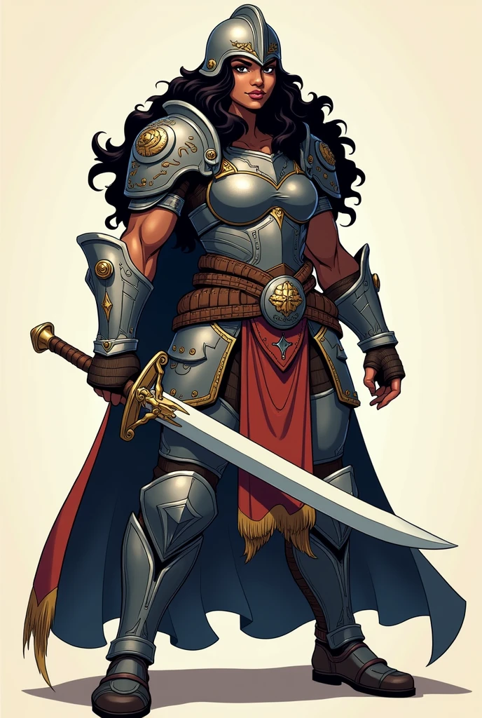 Create a female warrior in the style of Vox Machina from Critical Role. She should be a strong Black woman with a muscular build and long, wavy hair. She wears heavy armor with intricate designs and a helmet covering her head. She wields a medium-sized sword. Use bold outlines, flat colors, and simplified shading typical of Western animation. The warrior should be posed heroically, emphasizing strength and valor. The overall look should capture the dynamic, stylized essence of Vox Machina with a focus on clean lines and vibrant, detailed colors