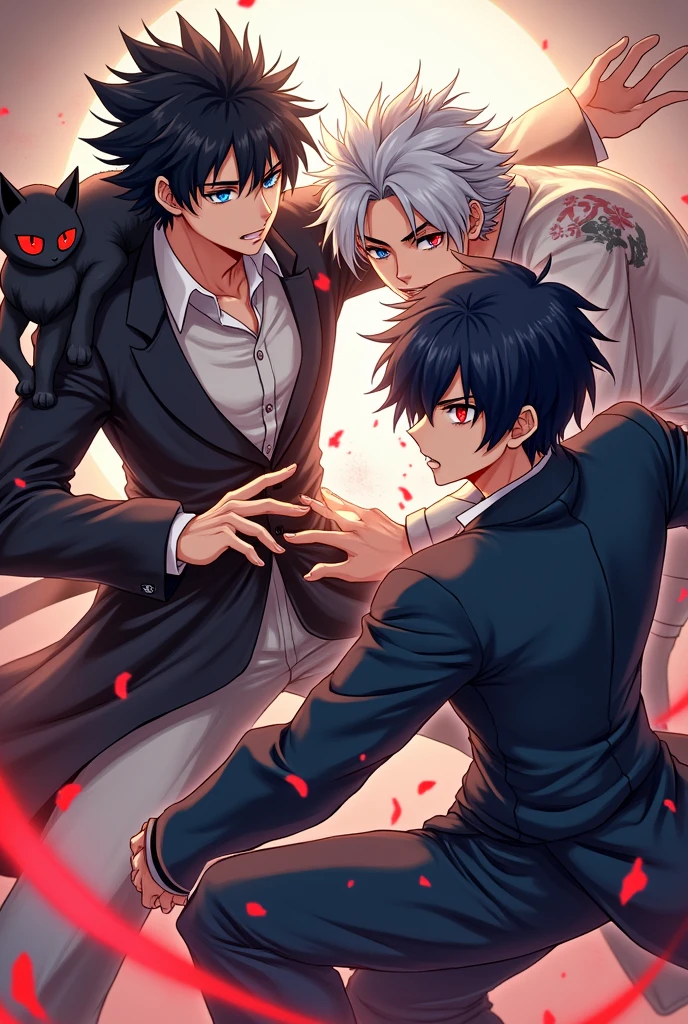 I want to create an anime image in this style.

**Person 1:** A man with two different colored eyes (One side is blue and the other side is red.) He has a voluminous hairdo and wears a traditional Japanese school uniform in black and white. A black cat with red eyes sits on his shoulder. This black cat may be threatening or preparing to attack, acting as his fighting partner.

**The second person:** A man with blue eyes, white hair and a side-parted hairstyle, wearing a clean Japanese school uniform. His demeanor seems dignified and calm, but ready for battle.

**The third person:** A man with black hair, red eyes, and a tattoo under his eye, giving him a fierce and intimidating look. His Japanese school uniform is perhaps a bit more rugged than the other two. The three of them are fighting in a tense atmosphere, possibly with sparks or magical energy showing their power.