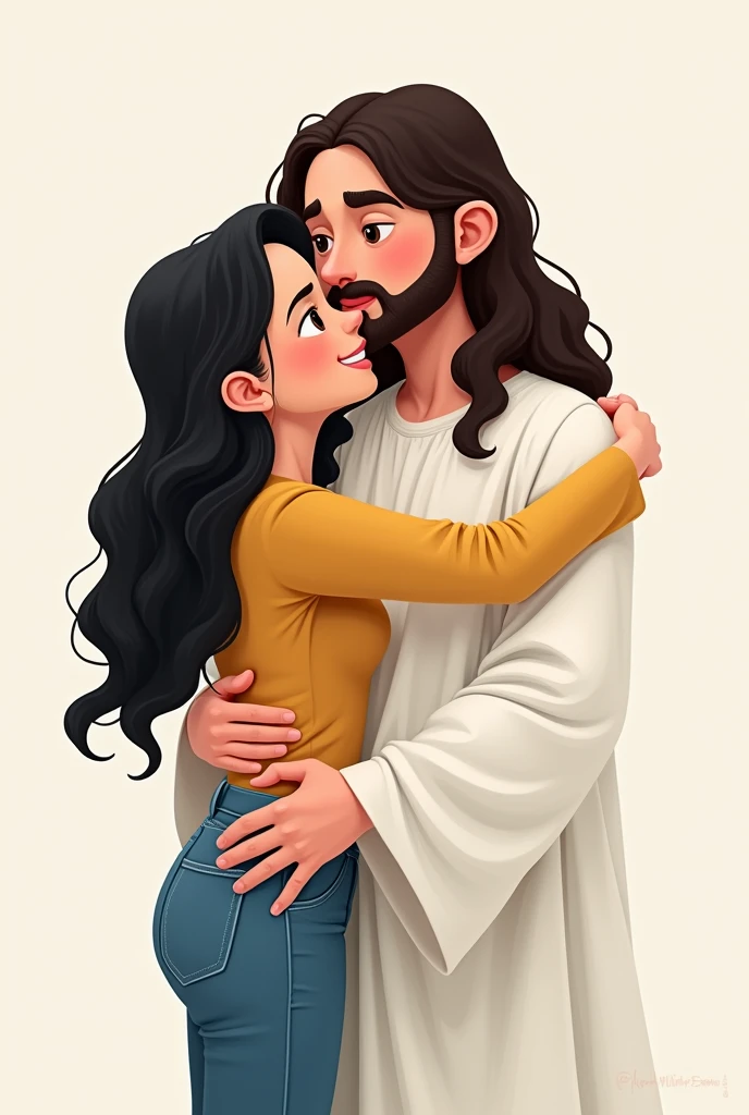 Create a cartoon of a woman with long black hair, Round face, round nose with a mustard-colored blouse and jeans standing hugging Jesus Christ, the clothes of Jesus Christ are white