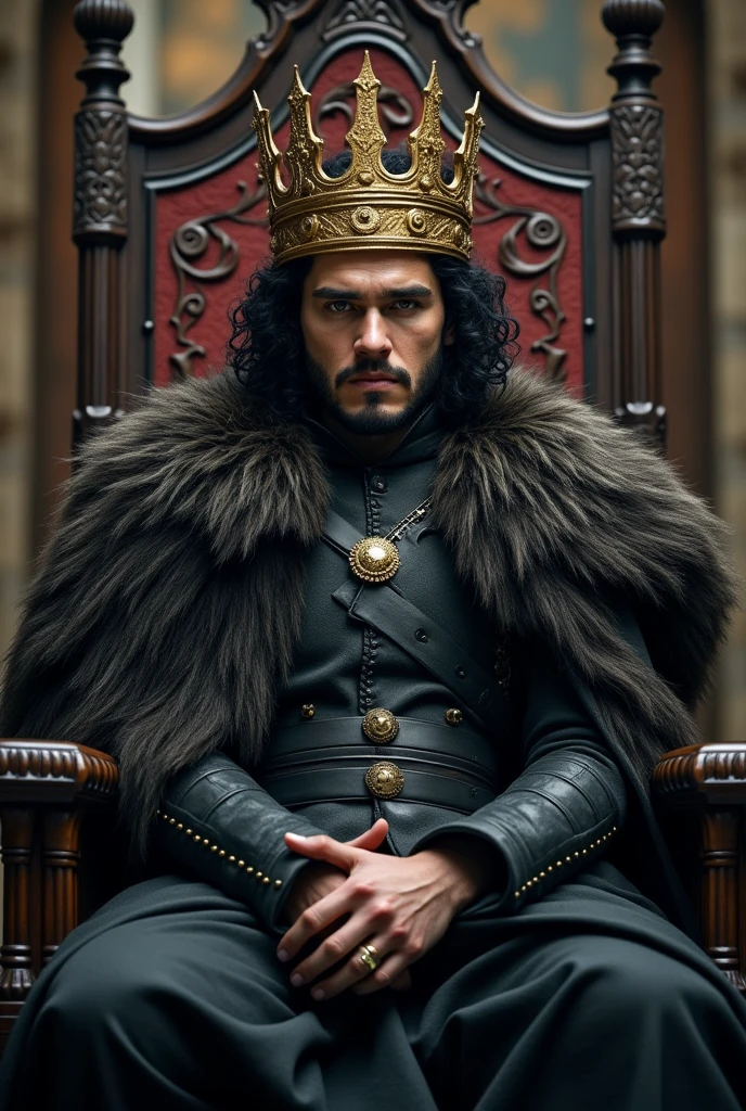 jon snow with gold crown sitting on throne from game of thrones 
