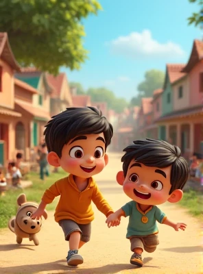 "Illustrate a short story about two brothers, Ali and Hasan, living in a village.cartoon 3d image