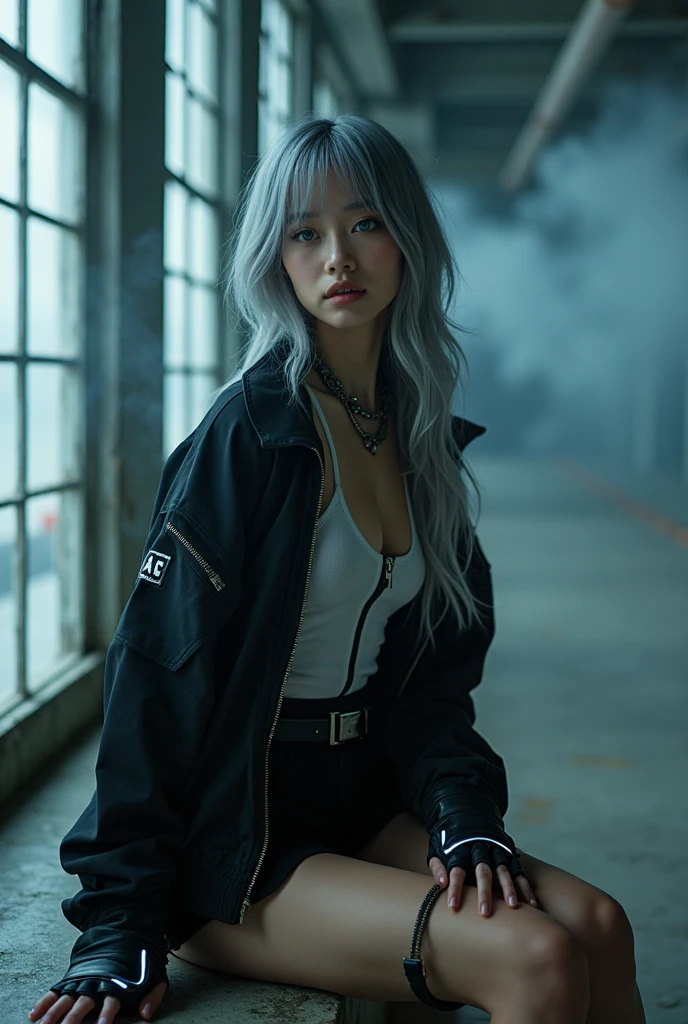 (nsfw, sexy:1.4), masterpiece, Best Quality, Realistic, A mysterious and sophisticated beautiful model, identity hidden, all body shot, with blue eyes wears futuristic and sexy fashion art. 18-years-old, beautiful and sexy Japanese girl is climbing at a wide angle, sitting and random posing, with her full body in frame. She has an ultra-slim waist, large firm breasts, a large-sized buttocks, showcasing sculptural beauty. gray arranged hair, light color eyes, Realistic skin, Detailed face, , small head. /// dressed in a striking white and black military print bodysuit paired with a sleek black leather belt with a futuristic metallic buckle and low-rise black sweat Knee-high skirt with zipper accents. She wears a sheer black mesh bomber jacket adorned with white and black military patches, chunky black high-cut Sneakers with silver hardware. Her look is fierce and bold, complemented by black fingerless gloves with white LED lights and high-tech accessories. adding an edgy attitude. Her outfit is completed, merging functionality with style. exuding a hint of rebellion, embodying the essence of future street-chic fashion. The wear hugs her body tightly, accentuating her curves and digging sensuously into her skin, /// small head and face, Detailed wide Duck mouth, half open mouth, perfectly aligned teeth, perfect beautiful wide teeth, light blue eyes, half open eyes, shiny Droopy eyes, looking other, /// She is situated within the interior of a futuristic colony, in the deep night, with mist drifting and steam rising from concrete
