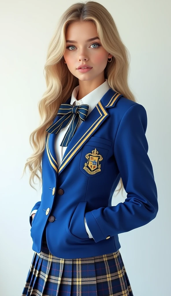 1 Girl,full body shot (1.3),close up face shot (1.3), face shot, corridor,Soft Light, Russian Beauty,Tight Fit,uniform,Light-haired,long hair,
 white background, gorgeous American-Russian girl, doll face, with thick and long wavy pale golden blonde hair, big and large dolly angel blue bright eyes, long and thick curly golden blonde eyelashes, button upturned nose, high nose bridge, fullest and plumpest pouty rosy red luscious lips, oval and heart face shape mix, shorter face, shorter chin, defined jawline, tiny face size, a pale brown mole under the left eye, pale milky white traslucent perfect skin, whitening skin, hourglass shaped body, tiny and narrow waist, rounded hips, long and slender beautiful legs, big perfect brests (1.4), large breasts, bust size 84 cm, waist 57 cm, hips 86 cm, bra size 34 D, tall at 5’8, full body image, realistic, photorealistic, ultradetailed, skin texture, hyperealismHigh Resolution, Closed Mouth, highly detailed, high resolution 8K, wearing a tight fit school uniform with a royal blue jacket, a white shirt, a royal blue and golden ribbon in the collar of her shirt, a royal blue and golden plaid short skirt, the hemblem of the school a crown with the letters in capital SRH sewed in the jacket, highliting her horglass body, -yeld