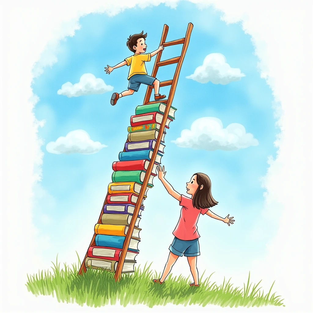Hand-drawn illustration of a child climbing a ladder made of books. The parent is at the bottom, offering support. The scene is set against a bright, sunny sky, symbolizing progress and growth