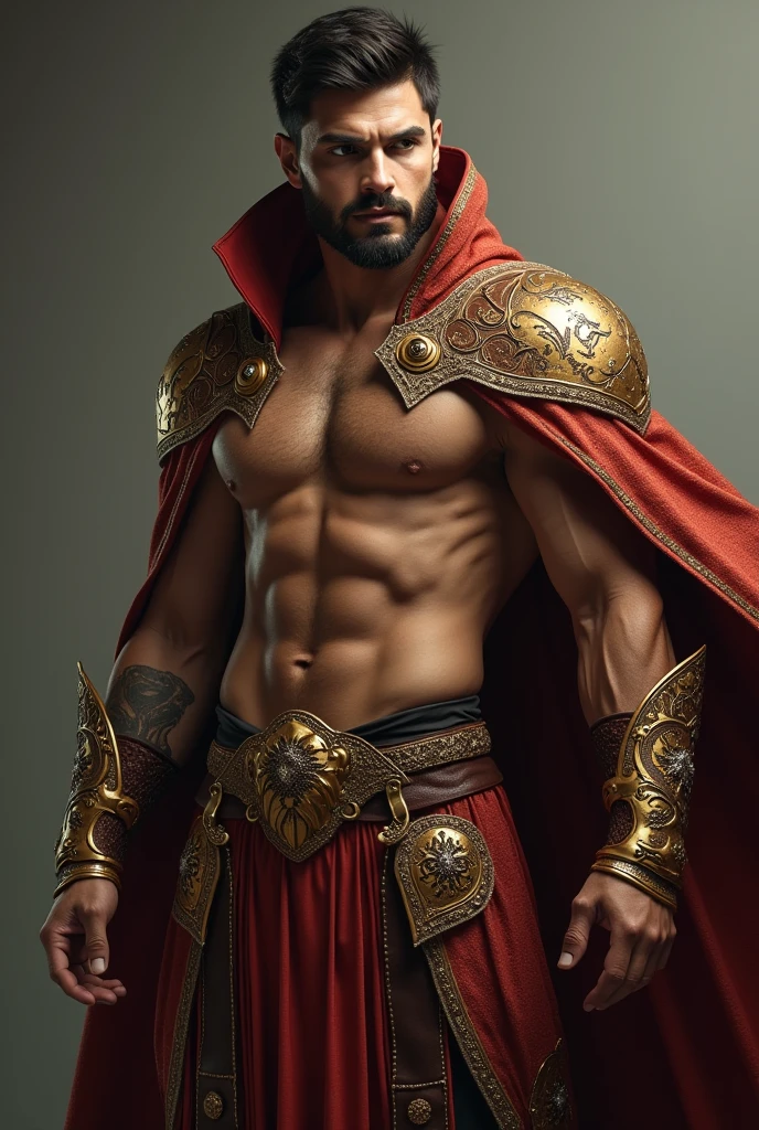 Handsome Kazakhstani man. Hero outfit color Brown. He wears a topless but there's like a cape and hood but make it heroic outfit. The cape and hood are extravagant. Brown reverse logo on her hero outfit. Topless Kazakhstani