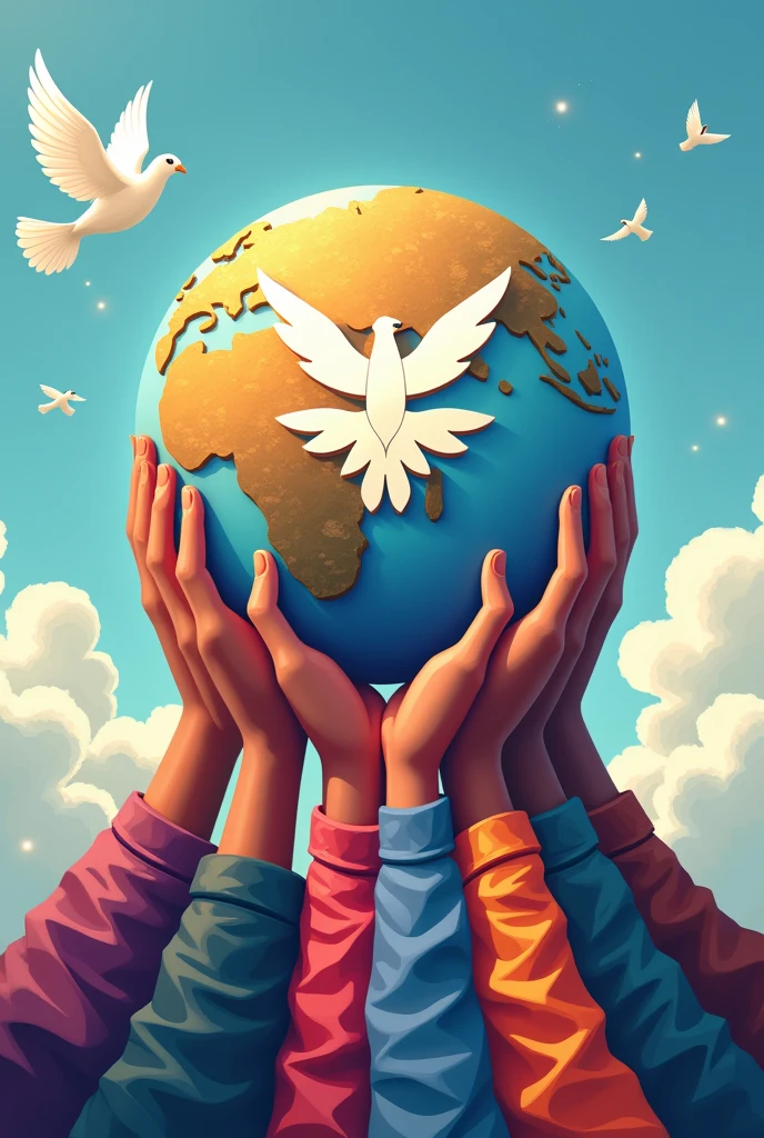 Make a logo of "Progressive sapiens" and add a tagline "igniting minds, connecting hearts" 3 d and the logo should be uplifted by people from different cultures, colours togather in love globe and background sky pigeon flying
Write the name and tagline in words, please add tagline in words
