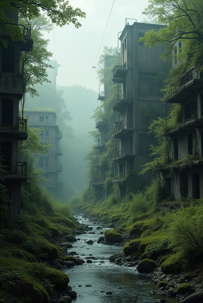 A dilapidated city on the right side of the picture which is overgrown by a forest coming from the left. In the foreground is a stream in the colors black gray olive green