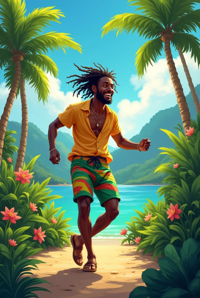 Create an image of a young man dancing reggae in Jamaica