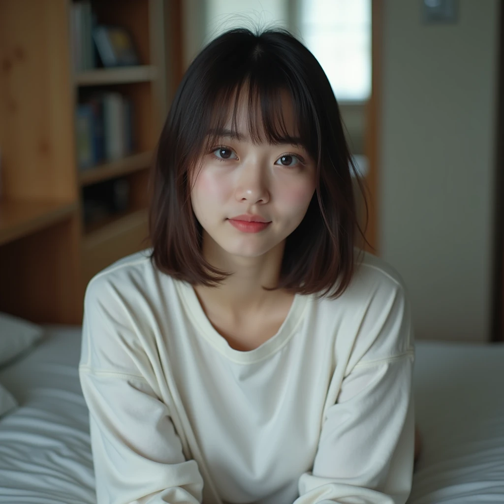 medium hair woman、Hair straight and dark brown.、Gentle expression,Look straight into the camera、Sitting on the bed、Body tilted slightly forward,facing the camera、A white thin long-sleeved T-shirt、Emphasize the narrow space、indoor、Behind her is a bookshelf、table、i can see the door、Partial living space、indoorの明るい照明で、Slightly cool light、Quiet and private space、Calm atmosphere、Short Liuhai、young japanese、round face、chubby body shape