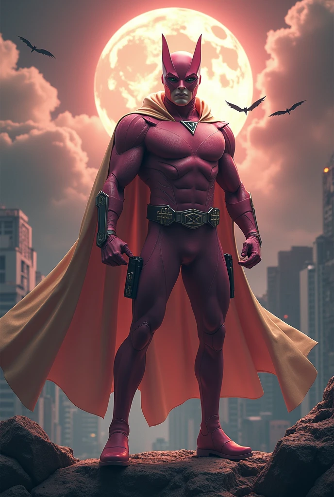 Malaysia man in high-tech suit, vivid effects, malaysian superhero(( (KELUANG MAN)) in a striking pink and brown beige costume cyberpunk design((, mask small mini bat ear beige,))(( daredevil batman mask biege))jumpsuit dark pink stands confidently in a dramatic.jumping from high place.hero costume.one hand rise up. (Big triangle logo on the chest.high detail Punisher logo on the chest)). jumping from hight place. Fighting pose , stormy landscape. ((Head covered node guard like batman.)) Running pose , athletic body type, small mini ear bat mask))The character wears domino mask a helmet with pointed mini torn ears and a flowing cape biege, open nose and mouth. Equipped with visible futuristic weapons on a belt,bullet proof jacket pink dark day.show fingers pose, dark night, big supermoon effect . Small logo on chest triangle shape small ((mitch gerads punisher ))logo center triangle cyber logo center on chest pink logo mini logo Casey Jones mask on the logo on chest. )). rocky. Building top.smoke ground , bomb effect background, losse pants, losses costume.adding to --ar 3:4 --style raw --stylize 500 --v 6.1. chaos. Lot of small flying bat. Hand glove. One leg on the high stone. Man. Backpack, flying kick . Real man age 40 year old. One hand holding belt. Jump from high place. Open cape.two hand holding pistol.