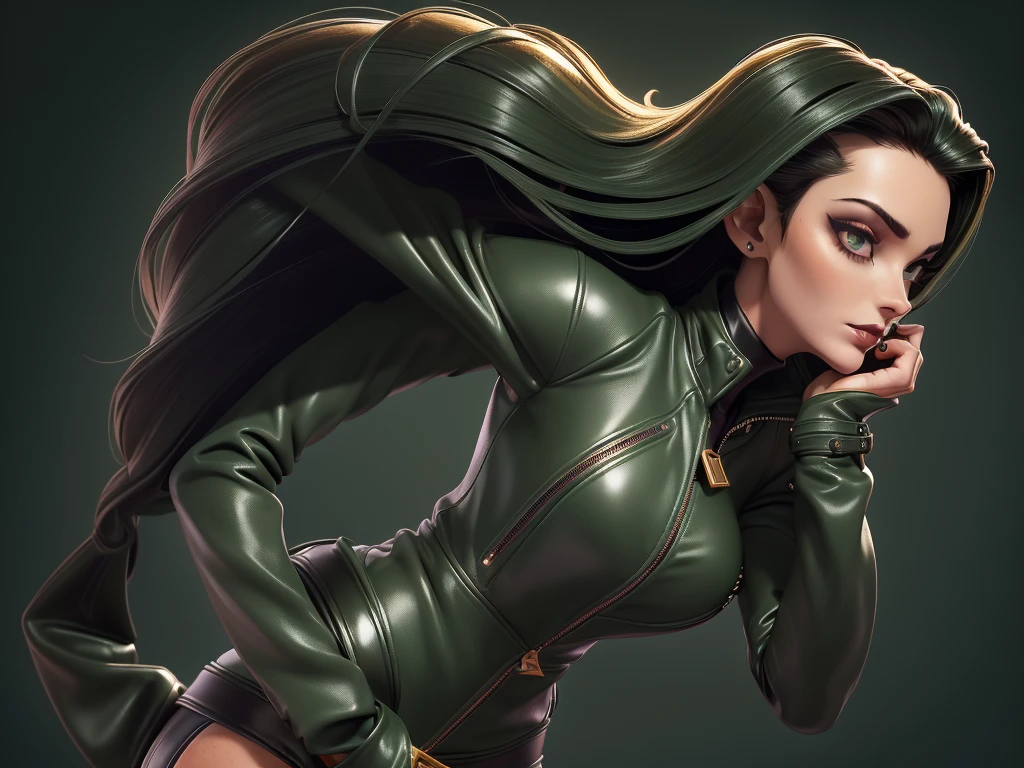 obra prima, melhor qualidade, ((only two women,)) ((carolyn jones as a vamp, dark tan skin, straight black vamp hair, heavy vamp makeup eye shadow,)) (((wearing thigh length forest green metallic leather jacket,))) (((jacket is zipped up, jacket covers waist and ass,))) ((jacket has stiff high collar,)) ((gold pvc gloves,)) body is very skinny, standing up, (((arched back, shoulders leaning way back, hips twisting, head tilted way back, chin up,))) ((camera side view, extreme closeup view of upper body,)) shallow depth of field, highres, HD, 8k, anatomically correct