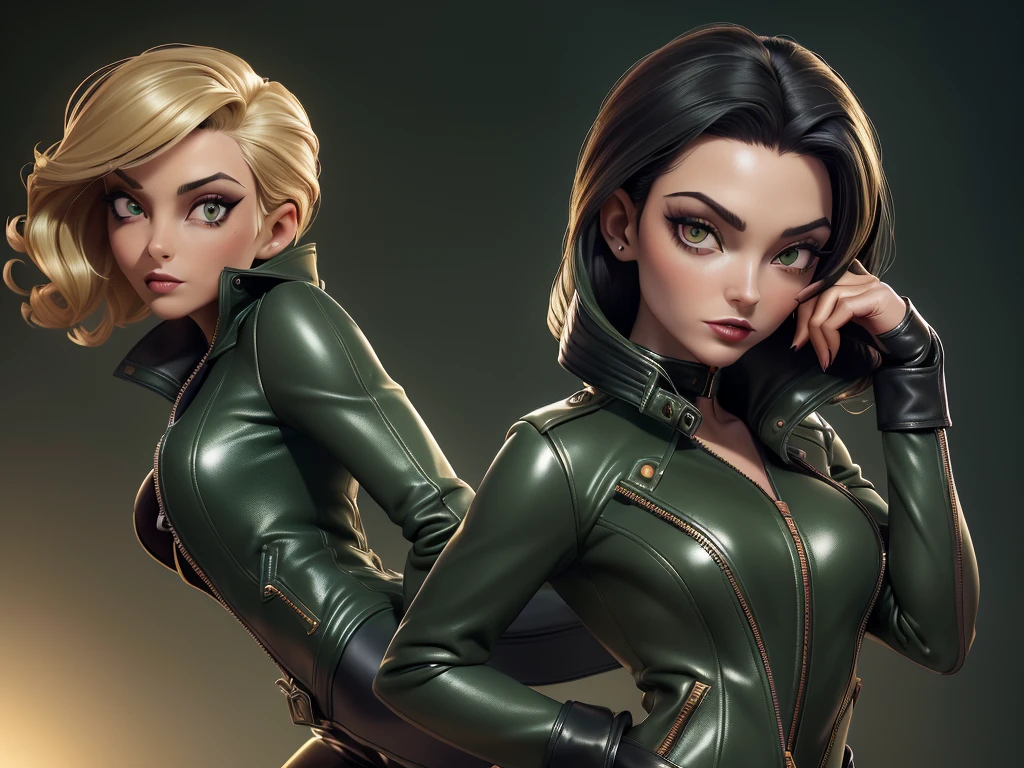 obra prima, melhor qualidade, ((megyn kelly, aunt cass,)) head back, sassy wicked girl, open mouth, big teeth smile, thick smoky black eye shadow, long fake eyelashes, sultry eyes, ((metallic brick red leather biker jacket,)) ((biker jacket has puff shoulders,)) biker jacket has stiff collar, leather blouse, ((green pvc skinny pants,)) studs zippers snaps, shiny leather gloves, nip slip, body is skinny, laying down hugging each other on sofa, shiny tight buttocks, kama sutra, explicit rubbing, arched back, camera view of whole body, looking up at me, shallow depth of field, highres, HD, 8k, anatomically correct